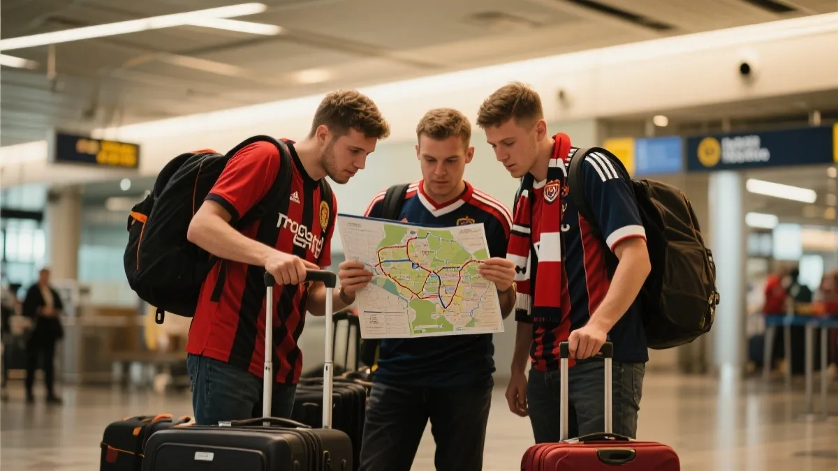 球迷在机场与城市交通间规划世界杯观赛行程的场景
